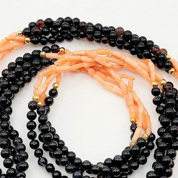 Vintage Black Agate & Angelskin Coral Multi-strand Necklace 28" 4Twisted Strands - Picture 4 of 12